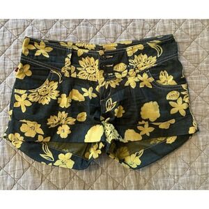 One Community Navy Yellow Floral Shorts Women 1 Belt Loops Back Pockets Hippie